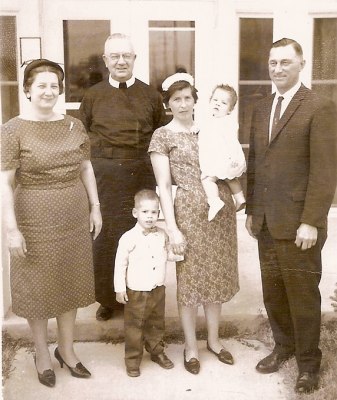 Fr. James Clancy with two of Our Lady of the Valley's founders Evelyn Louise and John W. Vlkojan.The picture is dated 1958-60